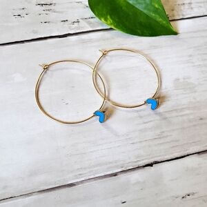 1 1/2" Thin Gold Wire Hoop Earrings with Turquoise Charm Heart
